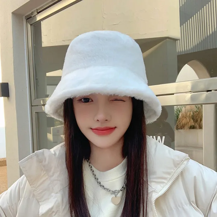 Korean%20Fashion%20Winter%20Furry%20Warm%20Bucket%20Hats%20For%20Women%20Lady%20Cute%20Plush%20Solid%20Color%20Windproof%20Thicken%20Outdoor%20Fisherman%20Cap%20Hat%20-%20Image%204