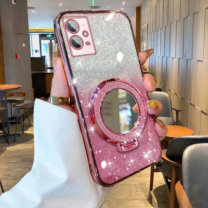New Phone case Realme 9 4G Realme 9 Pro Realme 9 Pro+ Realme 9i Back cover with Makeup Mirror Holder Stand Luxury Shiny Gradient Plating Glitter Slim Phone cases Transparent Soft Silicone Protective Pouch Women Girls