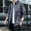 Japanese Style Casual Jacket Men Short-sleeved Shirt Men's Japanese Style Casual Cargo Shirt Coat with Turn-down Collar Three. 