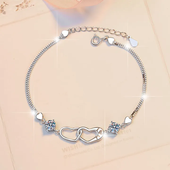 Moissanite%20Bracelet%20Women's%201%20Carat%20Korean%20Version%20Heart-Shaped%20Double%20Ring%20Bracelet%20Gift%20Cross-border%20Wholesale%20Manufacturer%20925%20Sterling%20Silver%20Jewelry%20-%20Image%202