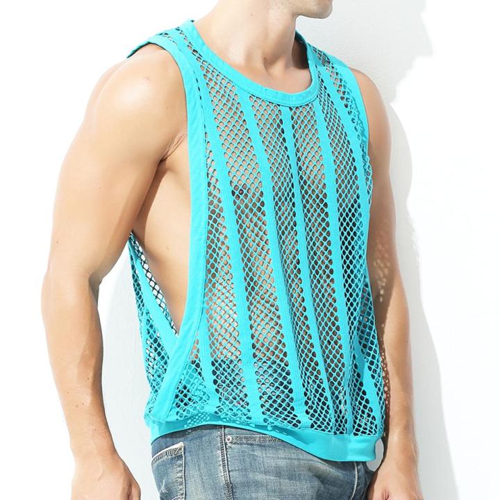 Men Transparent Undershirt See Though Sleeveless Shirt Mesh