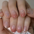 24 Pcs Short Squoval Press On Nails Pink Gradient Stripe Pattern Nails Glossy Artificial Finger Manicure False Nails. 