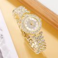 6PCS Set Watch Full Diamond Fashion Women Quartz Watch Ring Necklace Earrings Rhinestone Watches Bracelet Set Clock for Female.
