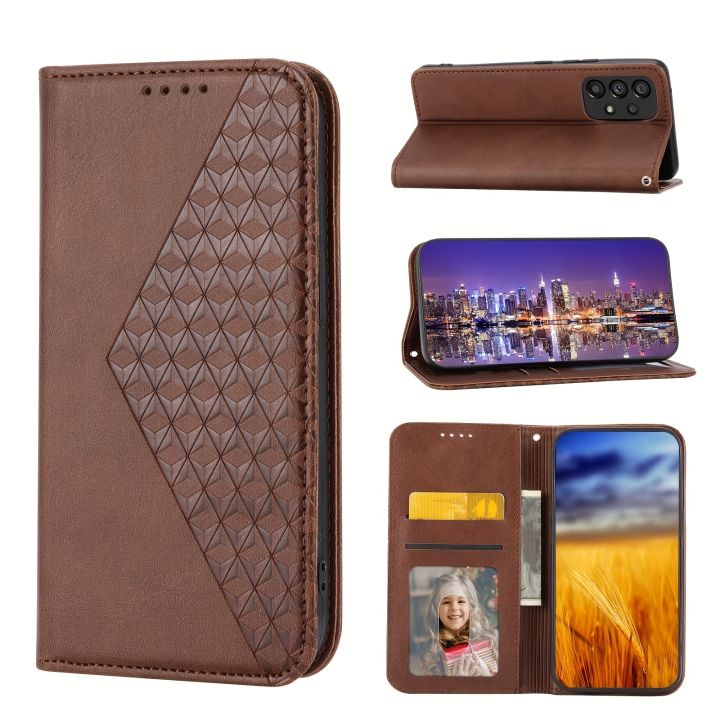 Suitable For Samsung Galaxy A54 A53 A52 A51 A32 A33 A12 A13 A14 A22 A24 A23 Phone Case With Lanyard Artificial Diamond Lattice Flip Magnetic Buckle Multi-card Slot Bracket Wallet Style A73 A72 A71 Small Cow Pattern Protective Leather Case Business