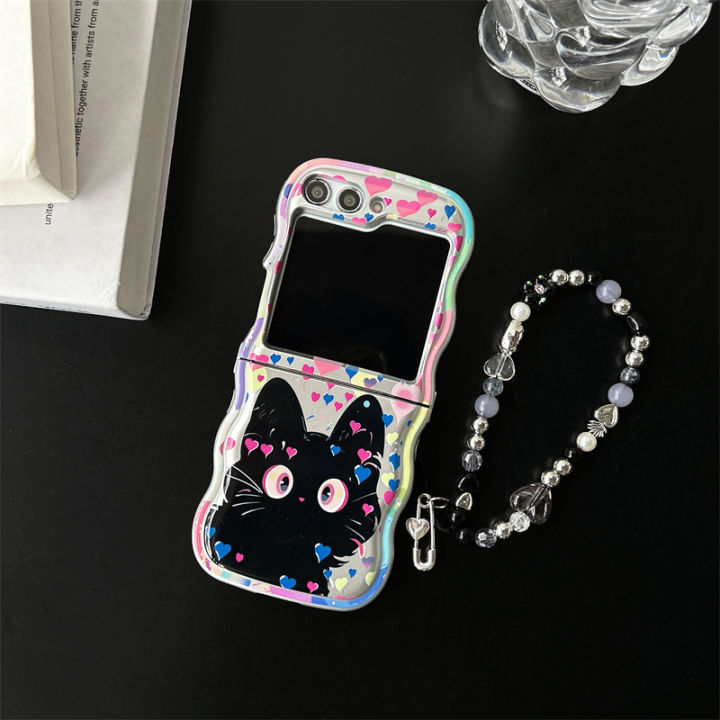 HODON Cute Wave Love Black Cat Phone Case for Samsung Galaxy ZFlip5 Flip3 Zflip4 Cases With Bracelet Shockproof Hard Back Cover