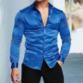 Men Shirt Satin Solid Color Turn-down Collar Autumn Shirt Long Sleeves Single-breasted Formal Shirt Buttons Men Prom Shirt. 