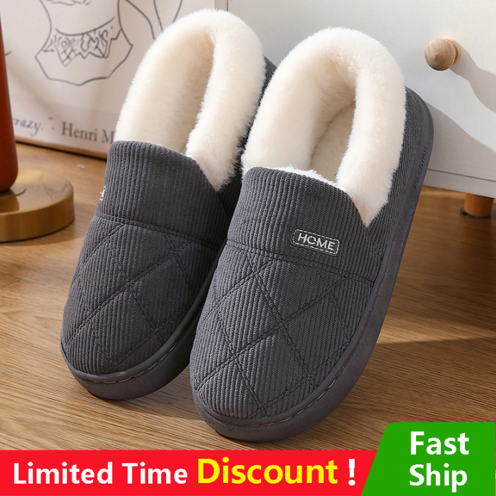 New Men Slippers Winter Warm Plush Fur Antiskid Cloud Slippers Outdoor Breathable Thick Flat Sole Soft Couples Home Slippers