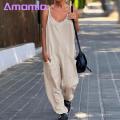 V-neck Sleeveless Jumpsuit Ladies Jumpsuit Women Sling V-neck Sleeveless Big Pockets Wide Leg Solid Color Thin Playsuit Bib Overall Streetwear Loose Jumpsuit. 
