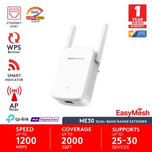 Mercusys ME30 AC1200 Dual-Band Wi-Fi Range Extender (867 Mbps @ 5 GHz + 300 Mbps @ 2.4 GHz), 10/100 Mbps Ethernet Port, Dual External Antennas, WPS & Access Point Mode