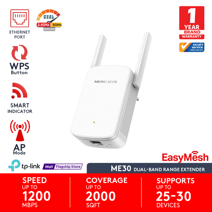 Mercusys ME30 AC1200 Dual-Band Wi-Fi Range Extender (867 Mbps @ 5 GHz + 300 Mbps @ 2.4 GHz), 10/100 Mbps Ethernet Port, Dual External Antennas, WPS & Access Point Mode