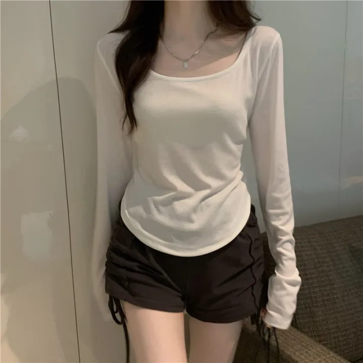 Women%20Long%20Sleeve%20Square%20Neck%20T-Shirt%20Spring%20And%20Autumn%20New%20Irregular%20Hem%20Slim%20Casual%20Top%20Girl%20Bottom%20Shirts%20-%20Image%204