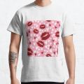 Couple Women And Men Red Kiss Print Lip Mark and white Hearts Pattern design Classic T-Shirt elbas.