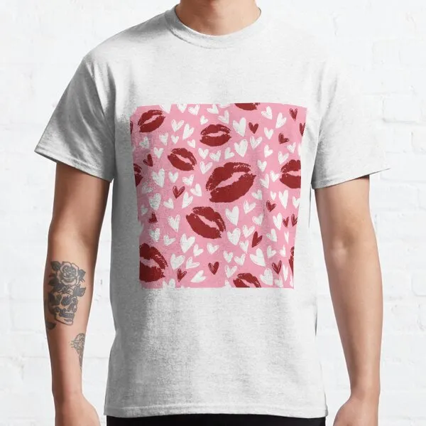 Couple%20Women%20And%20Men%20Red%20Kiss%20Print%20Lip%20Mark%20and%20white%20Hearts%20Pattern%20design%20Classic%20T-Shirt%20elbas%20-%20Image%203