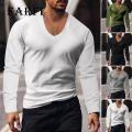Men V-neck T-shirt Men V-neck Long Sleeve T-shirt Solid Slim Fit High Elastic Pullover Tops Breathable Thin Stwear Casual Men T-shirt. 