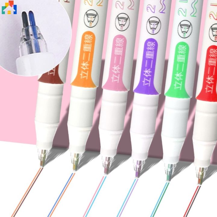 6Pcs/Set Creative Double Lines Colored Marker Pen Cute DIY Hand Ledger Dual Color Art Painting Graffiti Linear Drawing Pens Student Stationery School Office Supplies