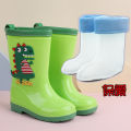 Cartoon dinosaurs for boys and women, kids anti-slip, cute rain boots with cotton fashion baby water boots, medium water rubber shoes. 