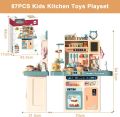 Kids Kitchen Playset 87PCS Mini Kitchen Toy Set, Toddler Cooking Pretend Play Kitchen Appliances with Light & Sound Simulation of Spray Sink Fruit Vegetable Children Role Play Toy for Girls Boys Gift. 