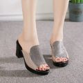 Summer New High Heel Slippers for Women Square Heel Platform Women Sandals Thick-heeled Bright Leather Solid Color Casual Shoes. 