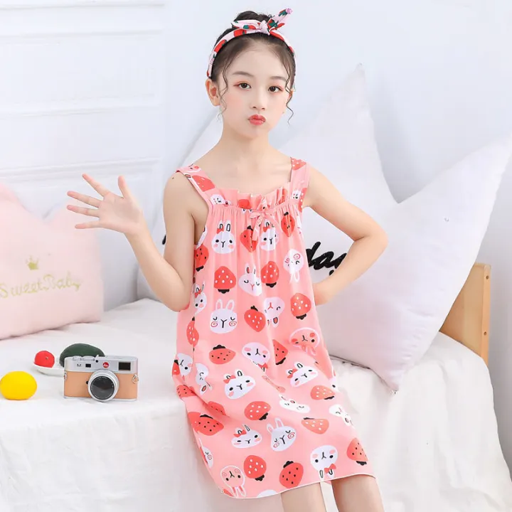 Girls'%20Nightdress%20Cotton%20Silk%20Girls'%20Pajamas%20Sleeveless%20Summer%20Medium%20and%20Large%20Children's%20Sling%20Princess%20Dress%20Artificial%20Cotton%20Home%20Wear%20-%20Image%205