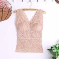 Fashion Women Lace Flower Crop Top With Chest Pad Long V-Neck Sleeveless Solid Color Vest Tops Camisole. 