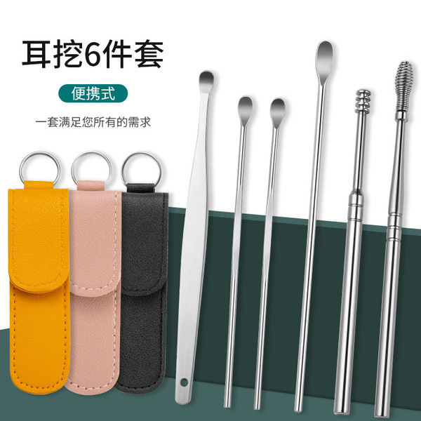 6PCS Ear Pick Set Portable Ear Cleaner Set Stainless Steel With Lather Case