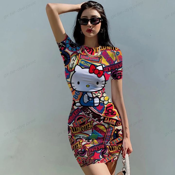 2023 Hello Kitty Cute Cartoon Cosplay Print Short Sleeve Night Club Tight  Dress Summer Fashion Bag Hip Beach Party Dress | Daraz.com.bd