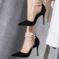 2024 Summer New Bridesmaid Pearl Bow Black Thin Heel High Heel Shoes Elegant High Heel Pointed Women's Single Shoes women shoes.