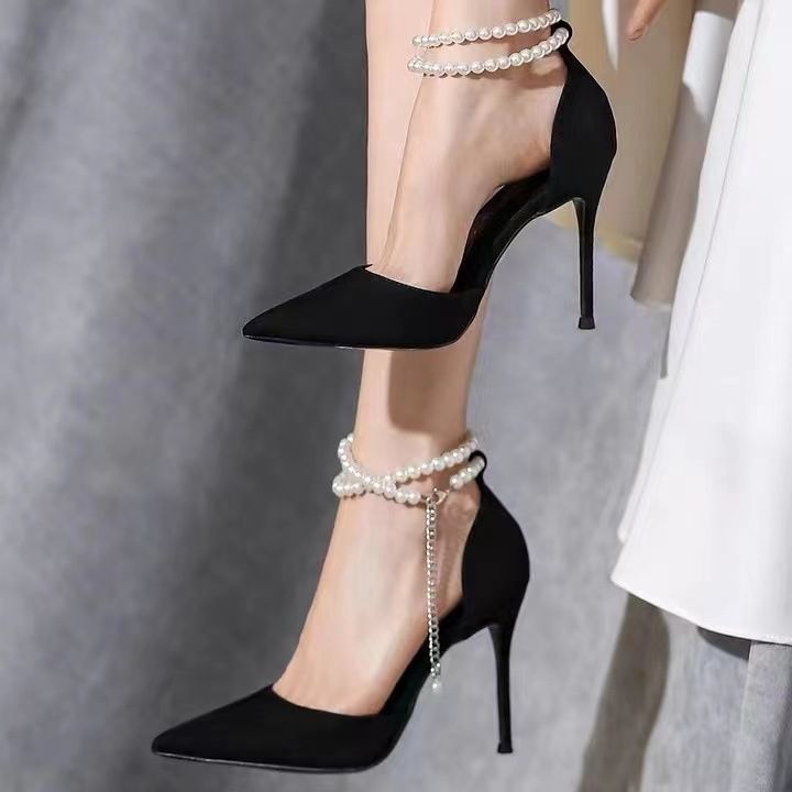 2024 Summer New Bridesmaid Pearl Bow Black Thin Heel High Heel Shoes Elegant High Heel Pointed Women's Single Shoes women shoes