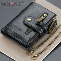 Retro Men Double Zipper Short Wallet Portable Multi-slot Mini Purse Card Holder with Chain Fashion Solid Color PU Leather Burse.