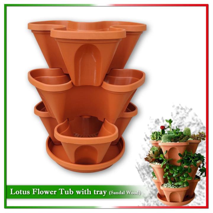 3 Pcs Set Lotus Flower Tub with tray Sandal Wood  - 4 Litre