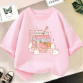 Girls Cute Strawberry Milk Shake Cartoon T-shirt Kids Short-Sleeve Graphic Pink Tops Tee.