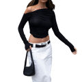 Women Ruched Off-shoulder T-shirt Casual Solid Color Long Sleeve Cropped Tops Streetwear Clubwear.