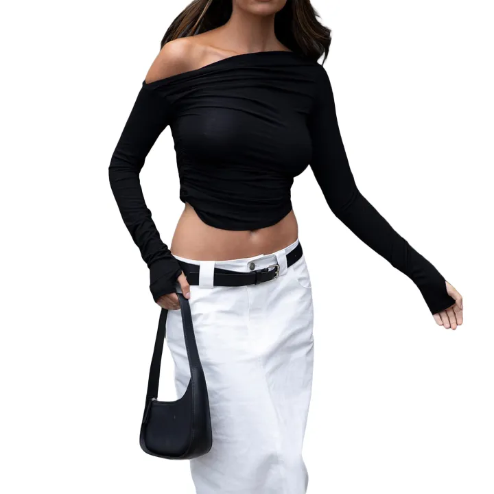Women%20Ruched%20Off-shoulder%20T-shirt%20Casual%20Solid%20Color%20Long%20Sleeve%20Cropped%20Tops%20Streetwear%20Clubwear%20-%20Image%202