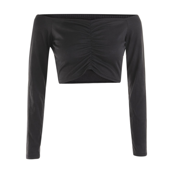 New%20Women's%20Long%20Sleeve%20T-shirt%20Summer%20Fashion%20Casual%20%20Off%20Shoulder%20Cropped%20Top%20Solid%20Color%20-%20Image%203