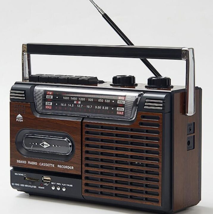 Portable cassette player, wooden recorder, outdoor old portable radio, FM, am, SW