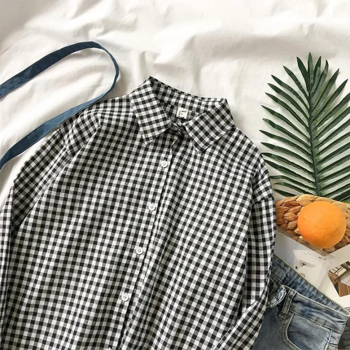 Black%20and%20White%20Plaid%20Shirt%20Female%20Spring%20and%20Autumn%20Fashion%20Thin%20Student%20Loose%20Long%20Sleeve%20Hong%20Kong%20Style%20Retro%20Design%20Sense%20All-Matching%20Shirt%20-%20Image%208