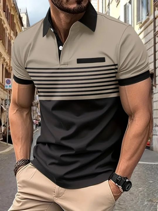 Amazon's new cross-border men's casual POLO t-shirt printed with V-neck button stripes in front pocket