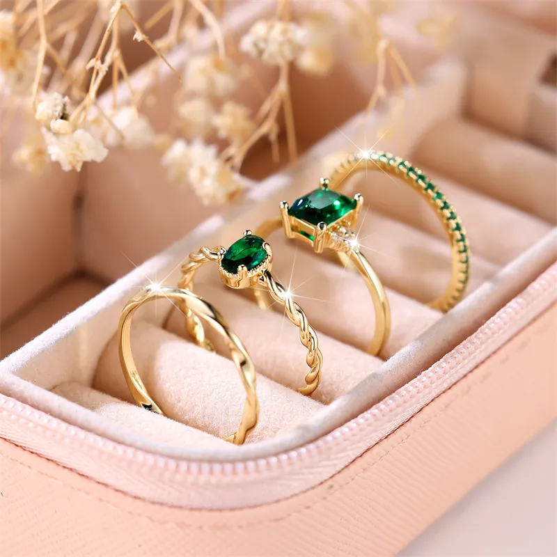 4pcs Female Green Zircon Stone Ring Set Trendy Yellow Gold Color