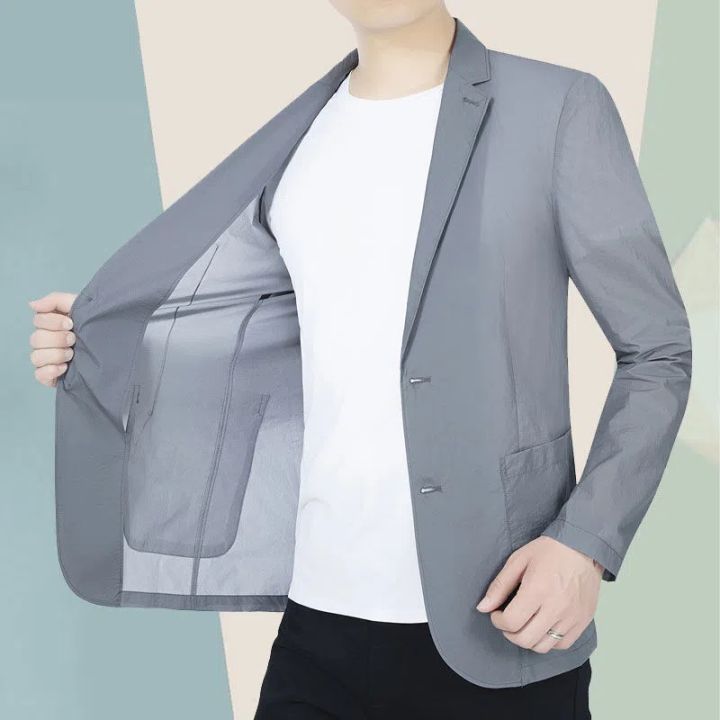 Summer%20Sun%20Protection%20Suit%20Jacket%20Men%20Casual%20Ice%20Silk%20Tops%20Solid%20Coat%20Single%20Breasted%20Pocket%20Blazer%20Korean%20Fashion%20Clothes%202023%20-%20Image%202