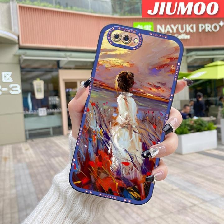JIUMOO Case For OPPO A3s Case Oil Painting Beauty Girl Thin Shockproof Square Edge Silicone Casing Full Lens Cover Camera Protect Cases Softcase