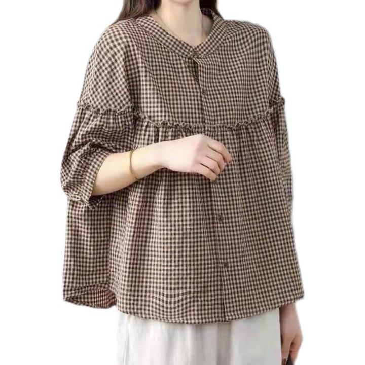 Foreign Trade Japanese Export Tail Single Women's Leak-Picking Linen Shirt Doll Shirt Cotton Linen Plaid Blouse