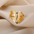 Stainless Steel Initials Flower Heart Rings Gold Color Adjustable Delicate Letter Leaf Rings For Women Girl Alphabet Jewelry. 