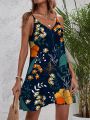 2023 Summer Tropical Floral Print Women Dresses V-Neck Spaghetti Strap Mini Dress Hawaiian Party Beach Sleeveless Sundress.