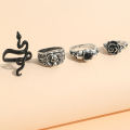 Fashionable hip-hop cool style diamond ring, rose ring, snake shape set, men's 4-piece ring set.