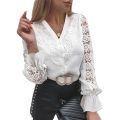 Women 2022 Spring White Vintage Button Shirts Lace Patchwork Hollow Out Shirt Blouse Long Sleeve O-Neck Mesh Design Tops. 