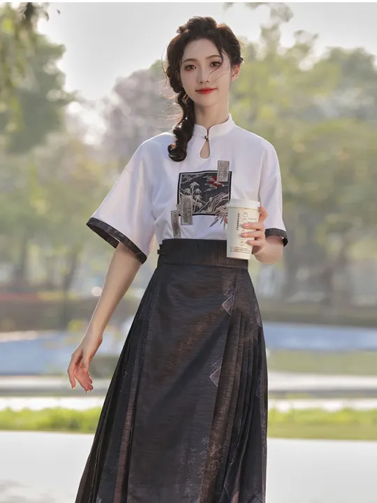 A%20Fragrance%20Women's%20Han%20Chinese%20Clothing%20New%20Chinese%20Style%20Sense%20of%20Design%20Shirt%20Han%20Elements%20Short%20SleeveTT-shirt%20Improved%20Horse-Face%20Skirt%20Long%20Skirt%20Two-Piece%20Set%20-%20Image%204