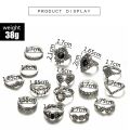 15-Piece Set Retro Silver Open Ring with Gemstones - Jewelry Collection. 