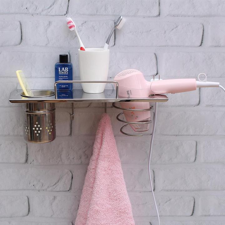 TAPCET Hair Dryer Holder Blow Dryer Hanging Rack 304 Stainless Steel Wall Mount Organizer with Hooks Plug Holder Design
