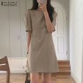 ZANZEA Korean Style Women Holiday Party Solid Mini Dresses Office Work Puff Sleeve Sundress #10. 
