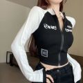 Y2K Vintage T-shirt Women Spring O Neck Long Sleeve Crop Top Korean Fashion Vintage High Street Zip Up Skinny Tees Streetwear. 
